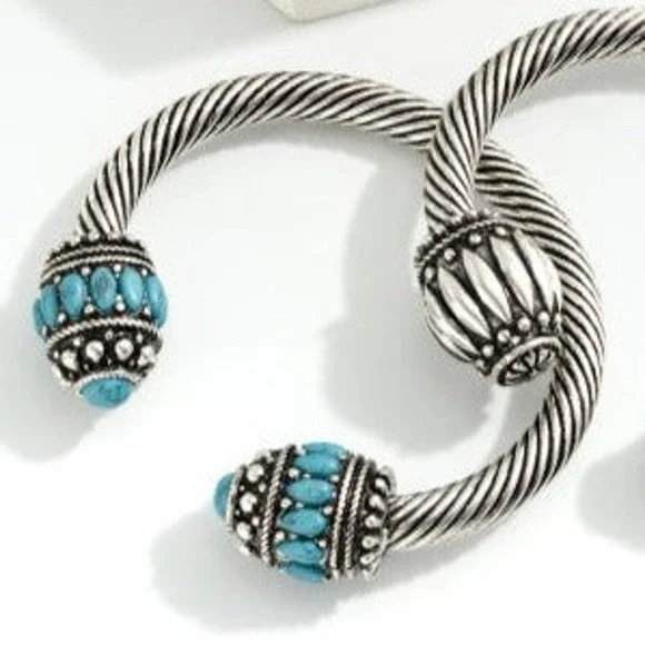 Twisted Cable Metal Western Bangle With Turquoise Stone Accents - Picture 2 of 3